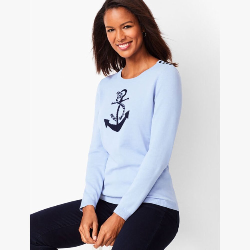 Talbots Crewneck Sweater with Anchor Motif Blue Size Medium